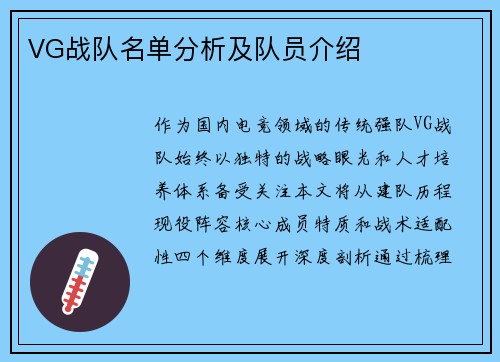VG战队名单分析及队员介绍