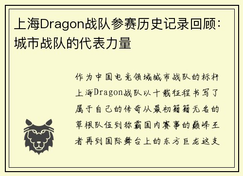 上海Dragon战队参赛历史记录回顾：城市战队的代表力量