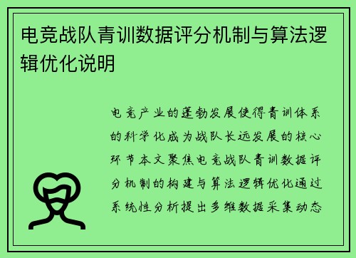 电竞战队青训数据评分机制与算法逻辑优化说明