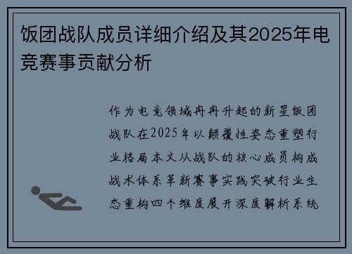 饭团战队成员详细介绍及其2025年电竞赛事贡献分析