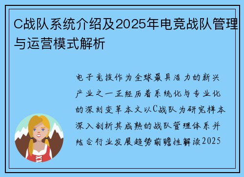 C战队系统介绍及2025年电竞战队管理与运营模式解析
